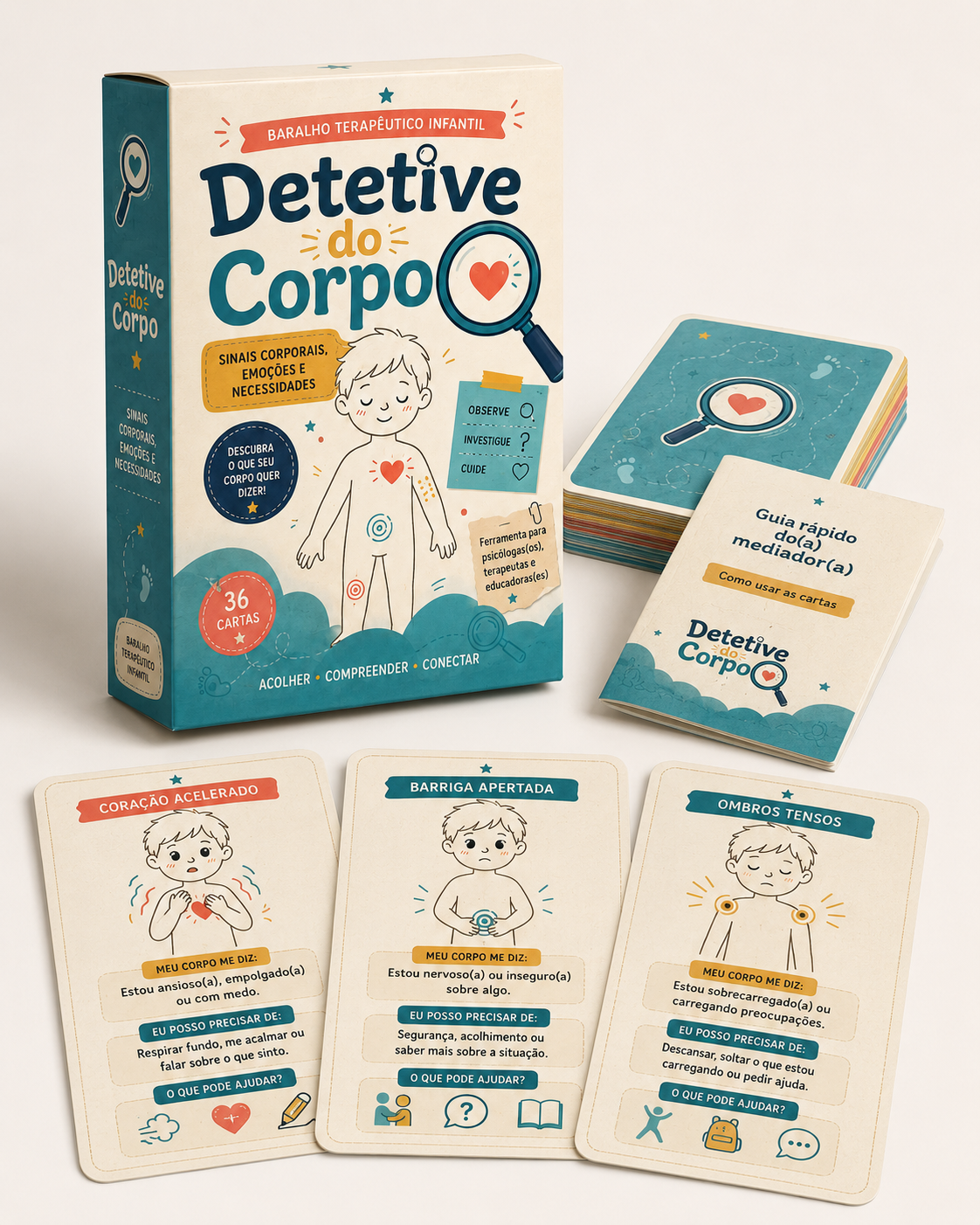 Caixa do baralho Detetive do Corpo com cartas ilustradas e guia de utilização