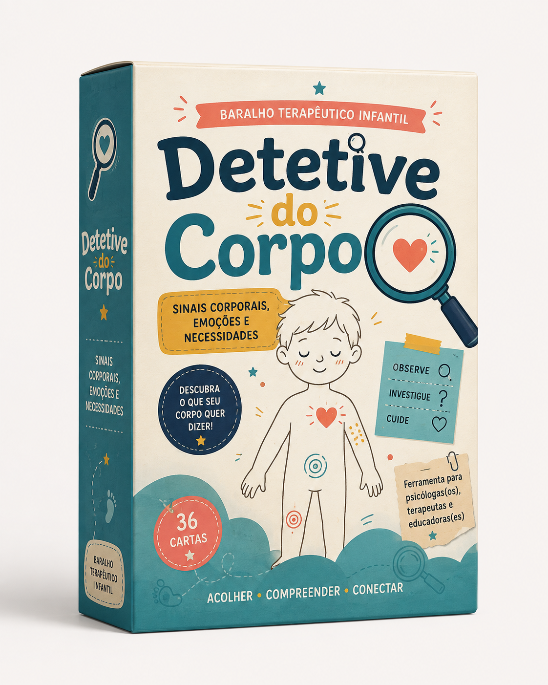 Caixa do baralho Detetive do Corpo com 36 cartas terapêuticas infantis